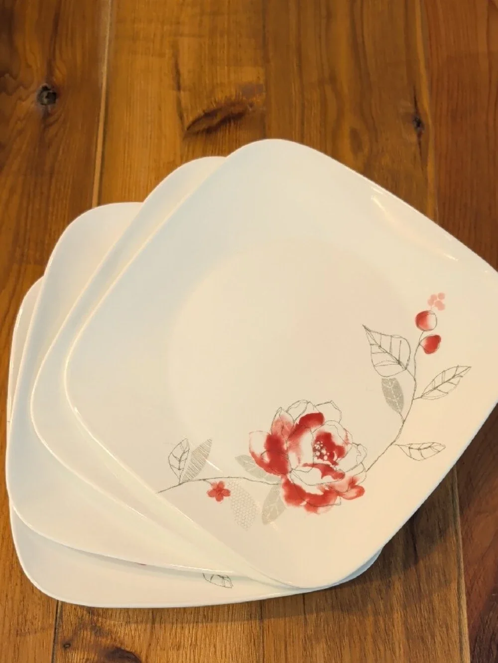 Corelle Set Of Four White Square Plate with Red And Gray Rose Floral Motif